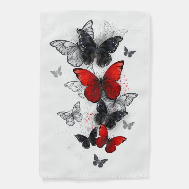Flying Black and Red Morpho Butterflies Garden Flag (Front)