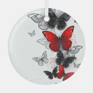 Flying Black and Red Morpho Butterflies Glass Ornament