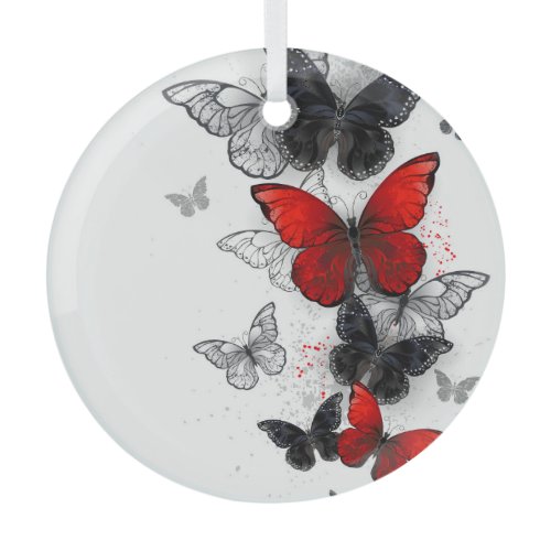 Flying Black and Red Morpho Butterflies Glass Ornament