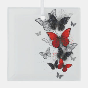 Flying Black and Red Morpho Butterflies Glass Ornament