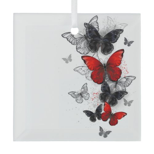 Flying Black and Red Morpho Butterflies Glass Ornament