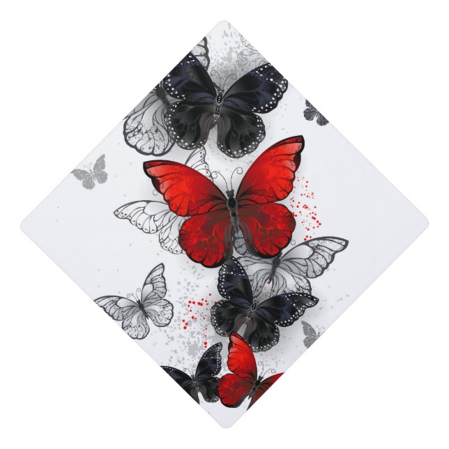 Flying Black and Red Morpho Butterflies Graduation Cap Topper (Front)