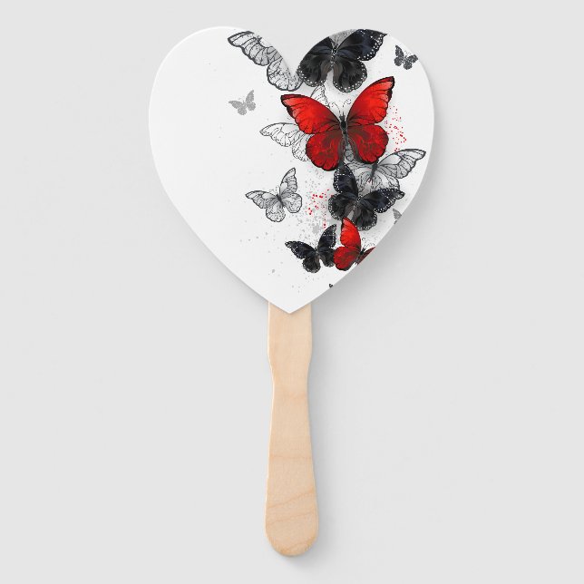 Flying Black and Red Morpho Butterflies Hand Fan (Front)