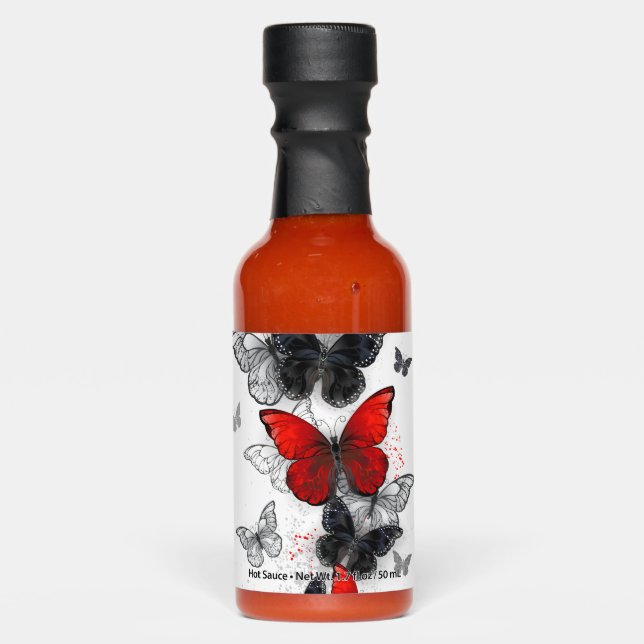 Flying Black and Red Morpho Butterflies Hot Sauces (Front)