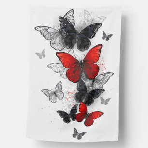 Flying Black and Red Morpho Butterflies House Flag
