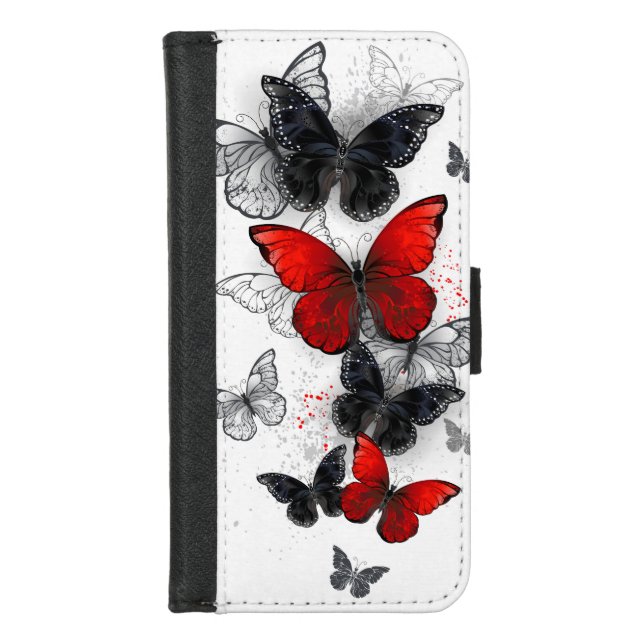 Flying Black and Red Morpho Butterflies iPhone Wallet Case (Front)