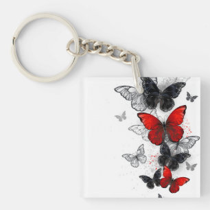 Flying Black and Red Morpho Butterflies Keychain