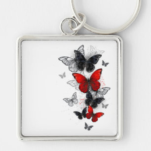 Flying Black and Red Morpho Butterflies Keychain