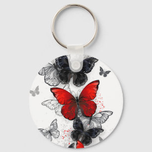 Flying Black and Red Morpho Butterflies Keychain