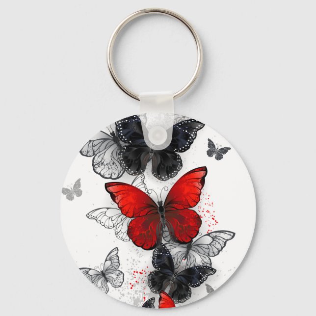 Flying Black and Red Morpho Butterflies Keychain (Front)