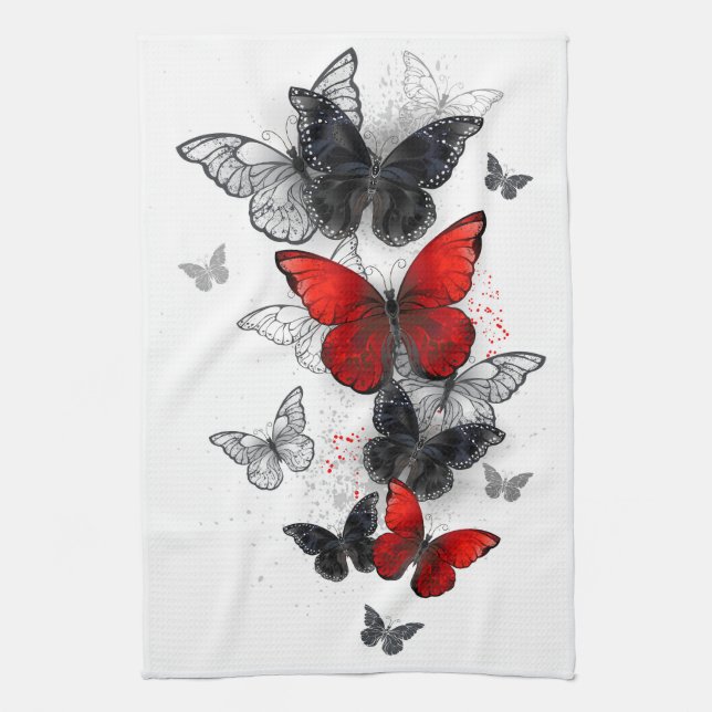 Flying Black and Red Morpho Butterflies Kitchen Towel (Vertical)