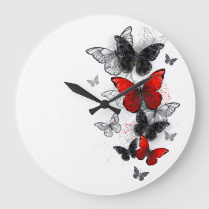 Flying Black and Red Morpho Butterflies Large Clock