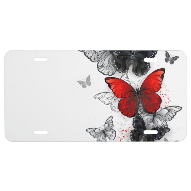 Flying Black and Red Morpho Butterflies License Plate (Front)