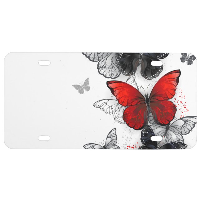 Flying Black and Red Morpho Butterflies License Plate (Front)