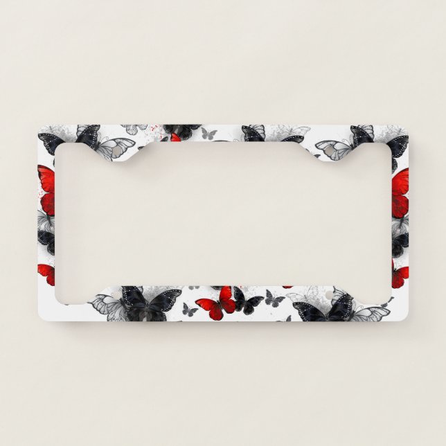 Flying Black and Red Morpho Butterflies License Plate Frame (Front)