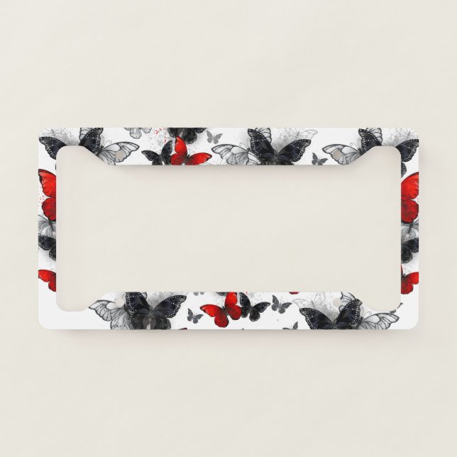 Flying Black and Red Morpho Butterflies License Plate Frame (Front)