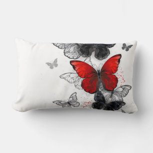 Flying Black and Red Morpho Butterflies Lumbar Pillow