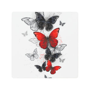 Flying Black and Red Morpho Butterflies Metal Print