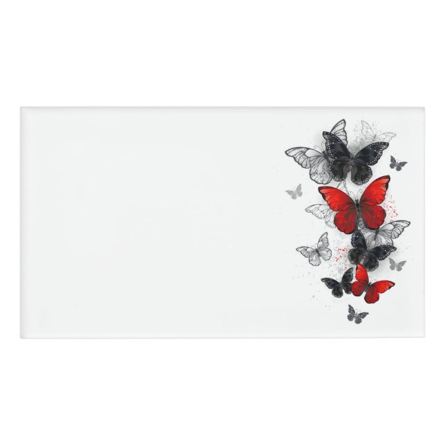 Flying Black and Red Morpho Butterflies Name Tag (Front)