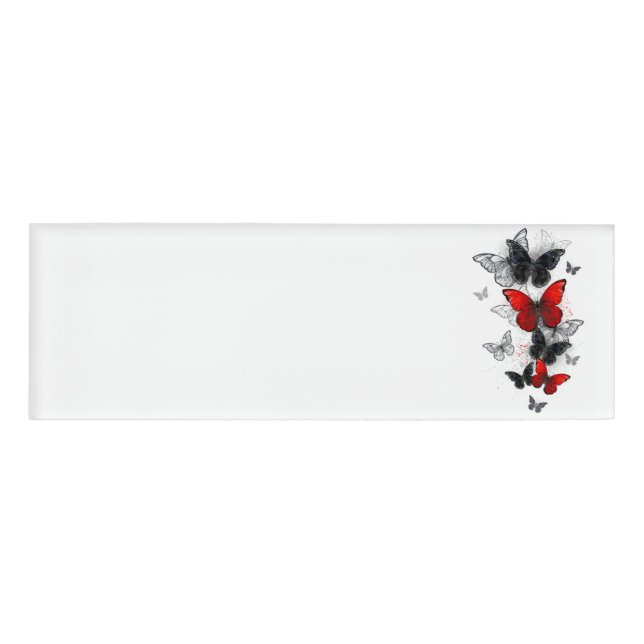 Flying Black and Red Morpho Butterflies Name Tag (Front)