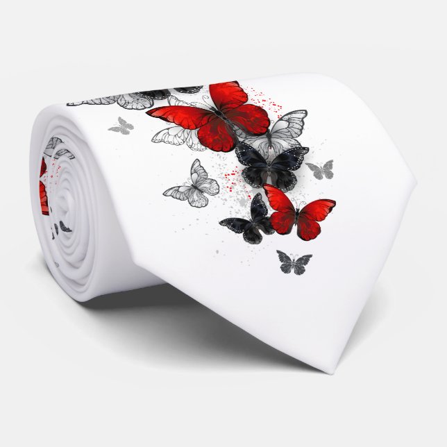 Flying Black and Red Morpho Butterflies Neck Tie (Rolled)