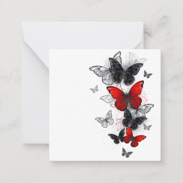 Flying Black and Red Morpho Butterflies Note Card (Front)