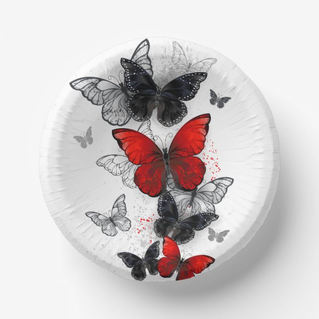 Flying Black and Red Morpho Butterflies Paper Bowls (Front)