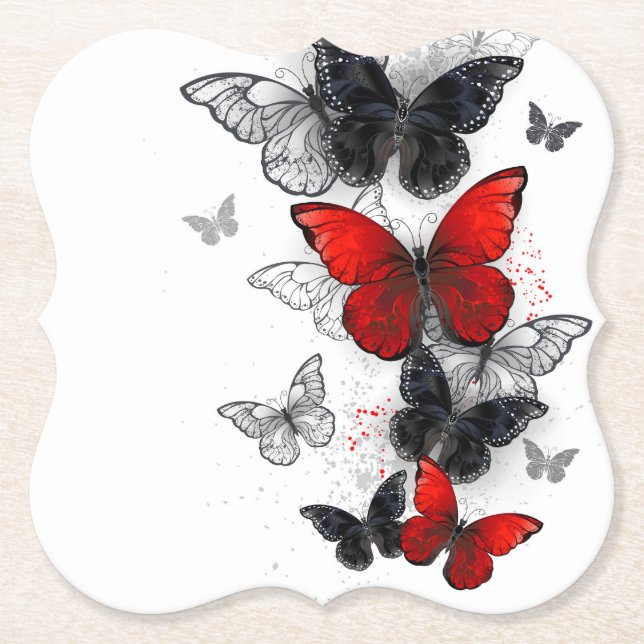 Flying Black and Red Morpho Butterflies Paper Coaster (Front)