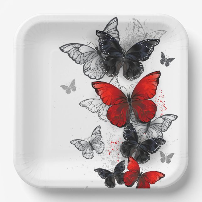 Flying Black and Red Morpho Butterflies Paper Plates (Front)