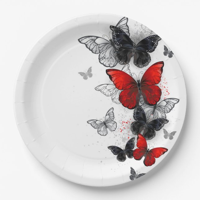 Flying Black and Red Morpho Butterflies Paper Plates (Front)