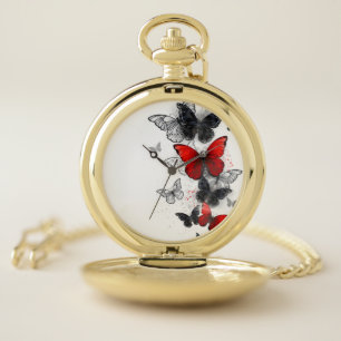 Flying Black and Red Morpho Butterflies Pocket Watch