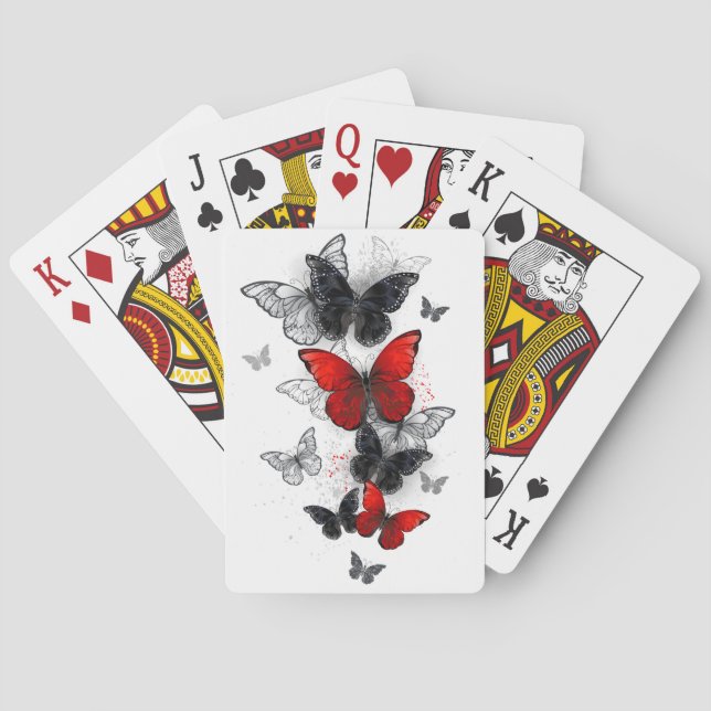 Flying Black and Red Morpho Butterflies Poker Cards (Back)