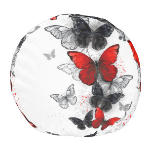 Flying Black and Red Morpho Butterflies Pouf