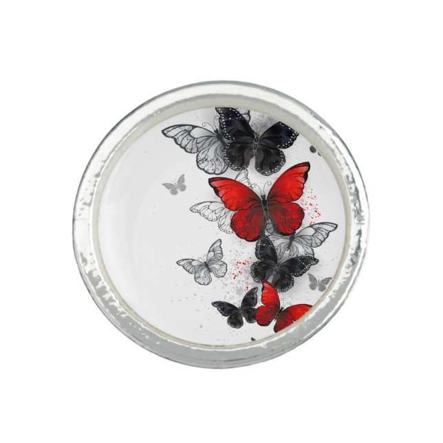 Flying Black and Red Morpho Butterflies Ring (Front)