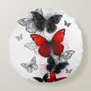 Flying Black and Red Morpho Butterflies Round Pillow