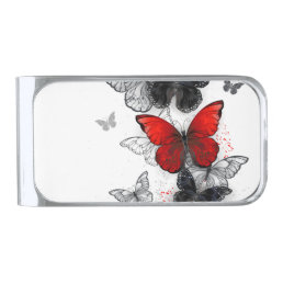 Flying Black and Red Morpho Butterflies Silver Finish Money Clip
