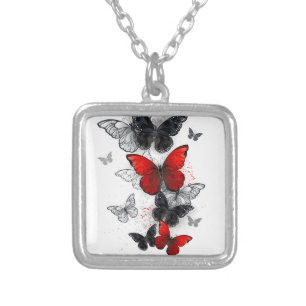 Flying Black and Red Morpho Butterflies Silver Plated Necklace
