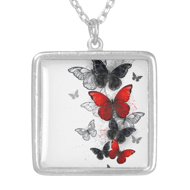 Flying Black and Red Morpho Butterflies Silver Plated Necklace (Front)