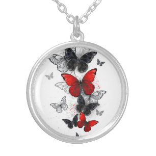 Flying Black and Red Morpho Butterflies Silver Plated Necklace