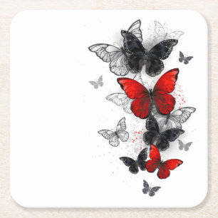 Flying Black and Red Morpho Butterflies Square Paper Coaster