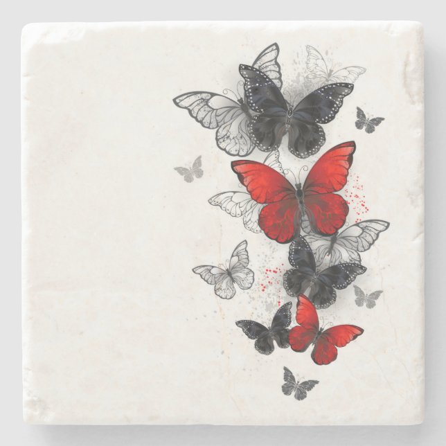 Flying Black and Red Morpho Butterflies Stone Coaster (Front)