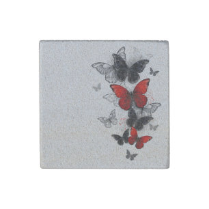 Flying Black and Red Morpho Butterflies Stone Magnet