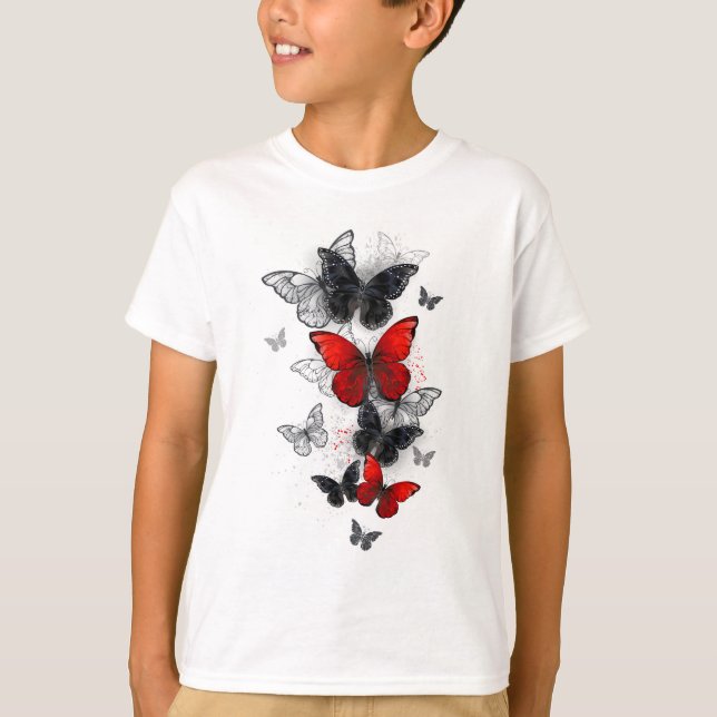 Flying Black and Red Morpho Butterflies T-Shirt (Front)