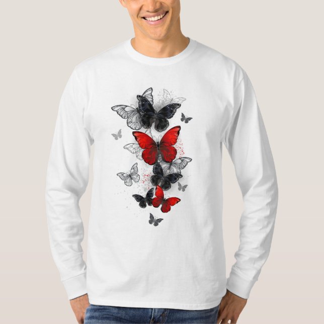 Flying Black and Red Morpho Butterflies T-Shirt (Front)