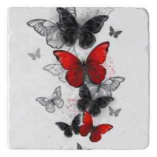 Flying Black and Red Morpho Butterflies Trivet