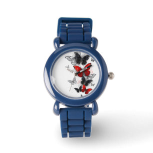 Flying Black and Red Morpho Butterflies Watch