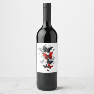 Flying Black and Red Morpho Butterflies Wine Label