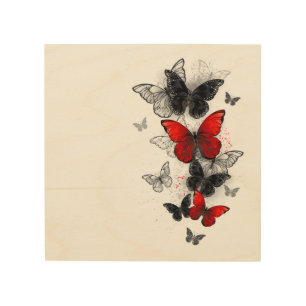Flying Black and Red Morpho Butterflies Wood Wall Art