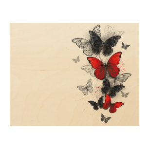 Flying Black and Red Morpho Butterflies Wood Wall Art