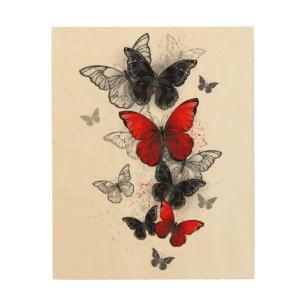 Flying Black and Red Morpho Butterflies Wood Wall Art